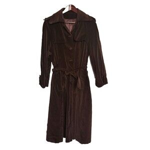 Vintage 1980s Velvet Trench Coat Women’s 14 Brown Belted Longline Luxe Mob Wife